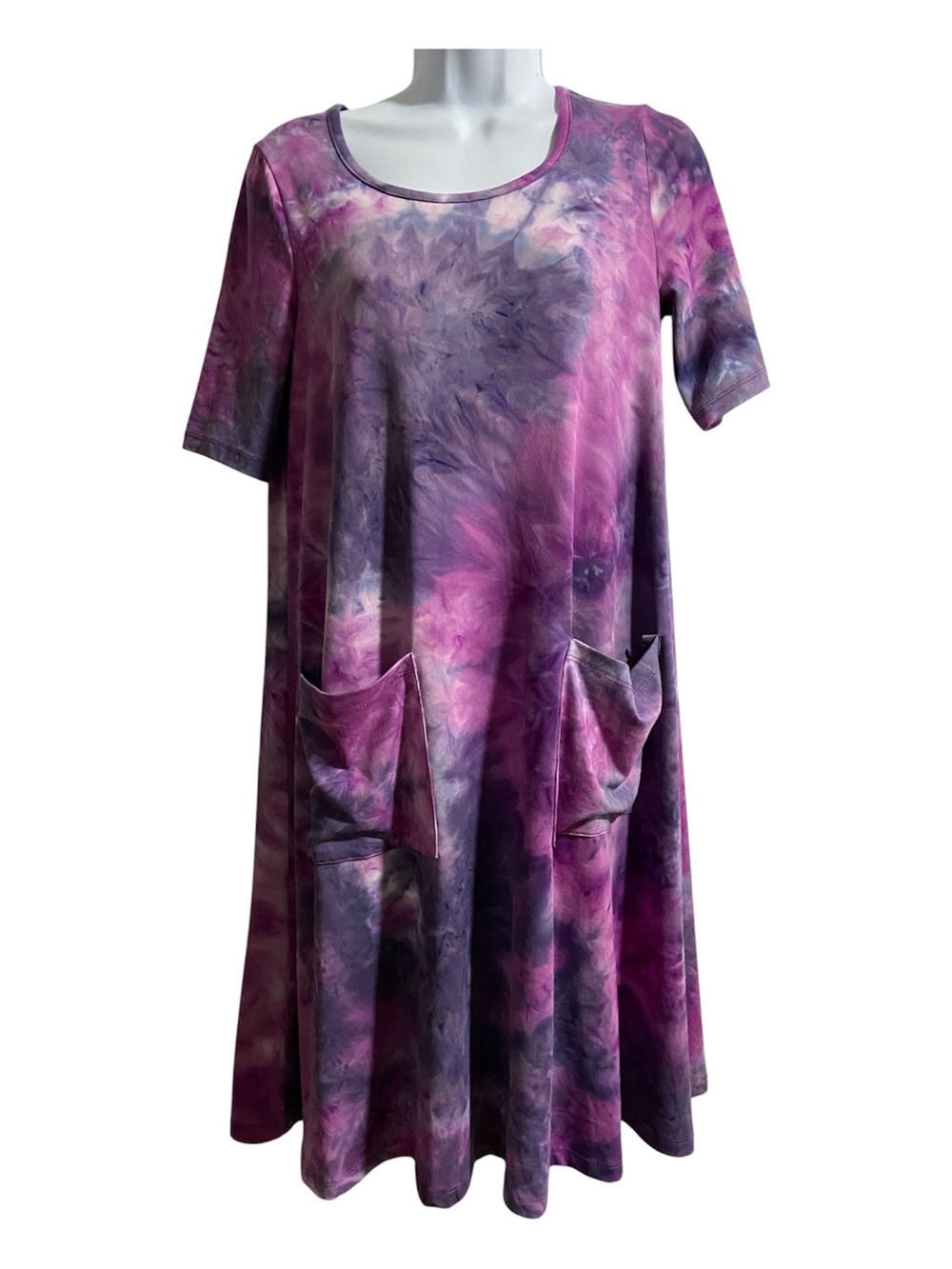 Nina Leonard Pull On Elbow Sleeve Purple Tie-Dye Trapeze Dress With Pockets XS